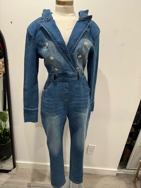 Denim Double-Breasted Hooded Jumpsuit - Blue